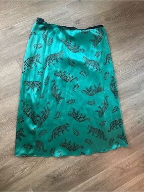 Emerald Green Leopard-Print Satin Midi Skirt